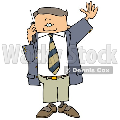 Business Man Talking On a Cellphone and Waving at Someone Clipart