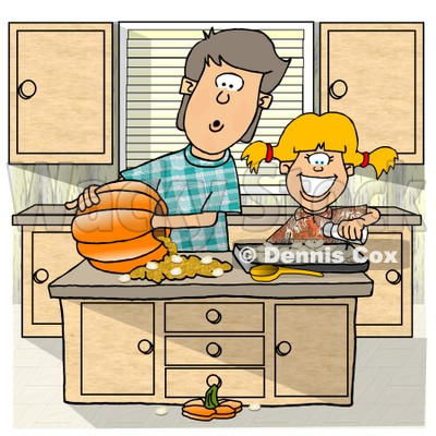 Brother & Sister Carving a Pumpkin in the Kitchen Clipart © djart #5054