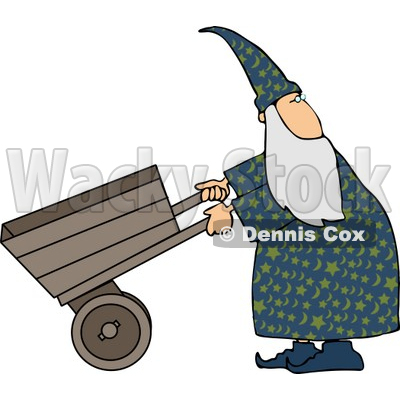 Wizard Pushing an Empty Wheelbarrow While Looking Over His Shoulder Clipart © djart #5203