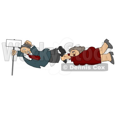Woman & Man Holding Onto a Blank Sign Pole While Being Blown Around in a Severe Tropical Wind Storm Clipart © djart #5242