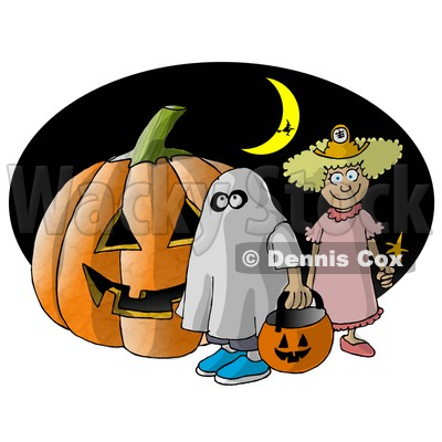 Halloween Pumpkin, Trick-or-Treaters, and Witch Flying In Front of a Crescent Moon Clipart Illustration © djart #5514