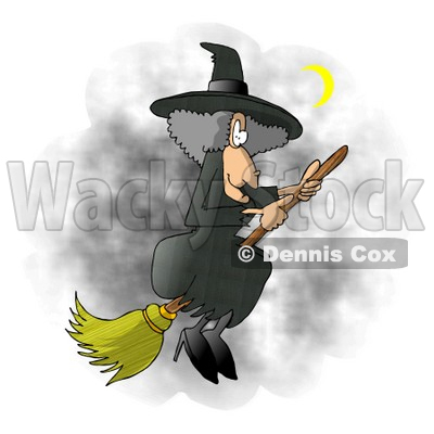 Wicked Witch Flying On a Broomstick In the Dark Night Sky During Halloween Clipart Illustration © djart #5516