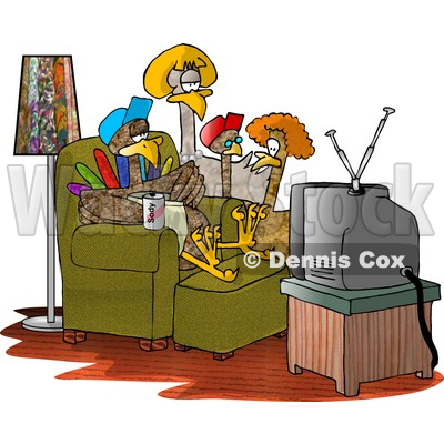 Funny Turkey Family Standing and Sitting Around Watching TV Clipart Illustration © djart #5597