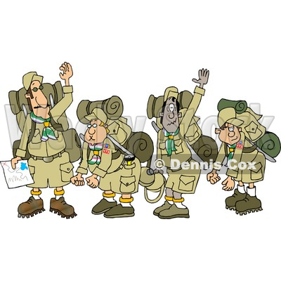 Boy Scout Troops and Scout Leader Waving Goodbye Before Backpacking Clipart 