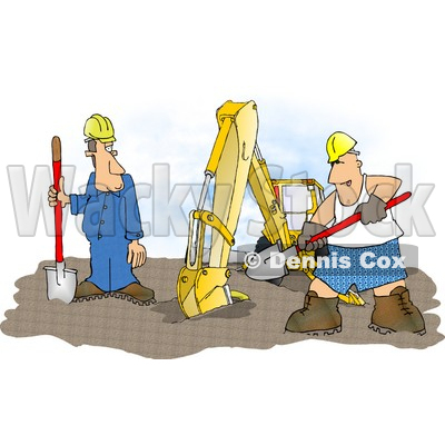 Funny Construction Worker Man Wearing Boxer Shorts While Working Beside an Excavator Clipart Illustration © djart #5825