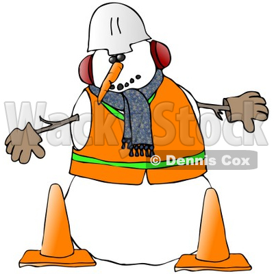 Royalty-Free (RF) Clipart Illustration of a Construction Worker Snowman In Warm Clothes And A Hard Hat, Standing Behind Cones © djart #59110
