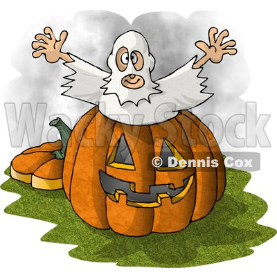 Halloween Ghost Man Jumping Out of a Pumpkin Clipart Picture © djart #5913