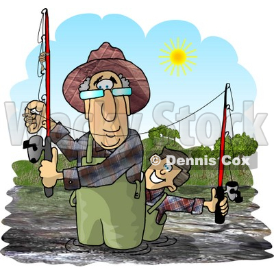 Grandpa & Grandson Fishing in a River On a Sunny Day Clipart Picture © djart #5918