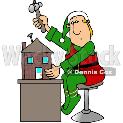 Christmas Elf Building a Toy House Clipart Picture © djart #5931