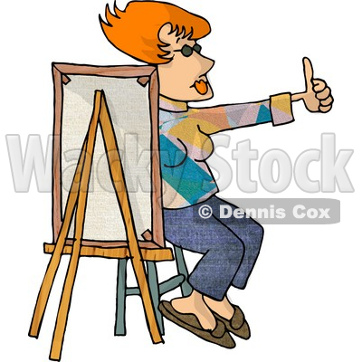 Female Painter Sitting Behind a Canvas While Holding Her Thumb Up Clipart Picture © djart #5974