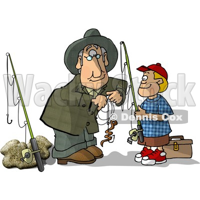 Grandpa Baiting Grandson's Fishing Hook Clipart Picture by Dennis Cox