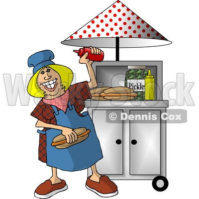 Happy Lady Working at a Portable Roadside Hot dog Stand Clipart Picture