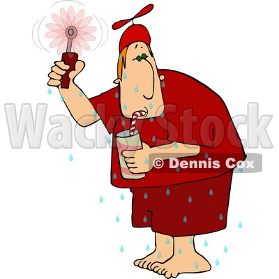 Hot Man Drinking a Cold Beverage and Using a Hand Held Fan Clipart Picture © djart #6048