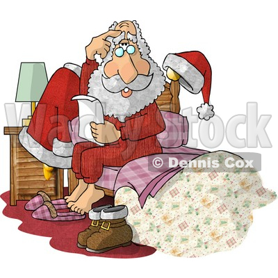Overwhelmed Santa Claus Sitting on Bed with Letter Clipart Picture © djart #6085
