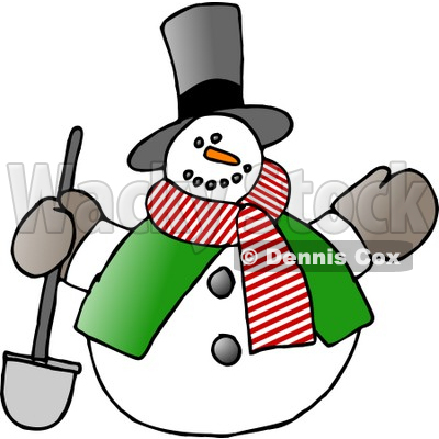 Frosty, the Snowman in a Tophat, Scarf and Vest, Holding a Shovel Clipart © djart #6119