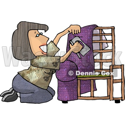 Woman Kneeling While Putting Purple Upholstery on a Chair Frame Clipart Picture © djart #6157