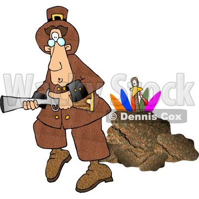 Turkey Behind a Rock, Hiding From a Pilgrim With a Blunderbuss Gun Clipart Picture © djart #6161