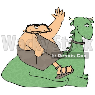Caveman Sitting on a Resting Dinosaur, Holding the Reins and Waving Clipart Picture © djart #6170