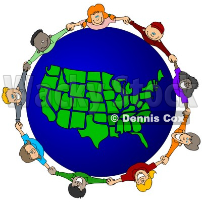 Royalty-Free (RF) Clipart Illustration of a Circle Of Children Holding Hands Around A United States of America Globe © djart #62083