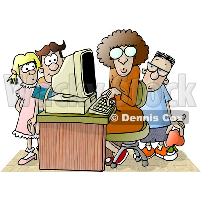 Female Teacher Sitting at a Computer, Surrounded by School Kids in a Classroom Clipart Picture © djart #6236