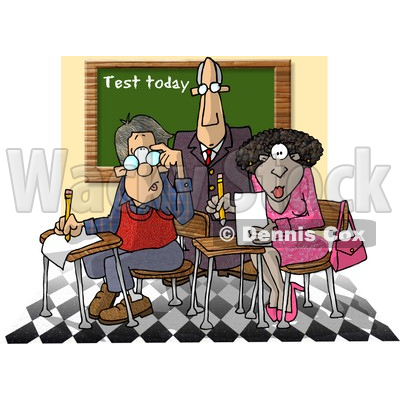 Male Teacher Standing Over Two Students in a Classroom Clipart Picture © djart #6240