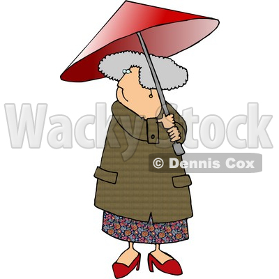 Gray Haired Senior Woman Walking With an Umbrella on a Rainy Day Clipart Picture © djart #6245