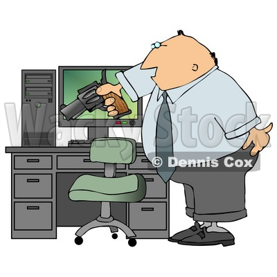 Angry Businessman Pointing a Gun at His Computer Tower - Royalty-free 