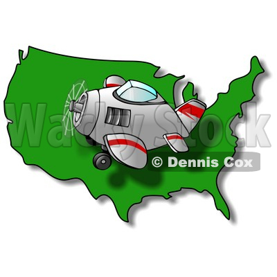 Royalty-Free (RF) Clipart Illustration of a Plane Flying Left Over A Green USA Map © djart #62942