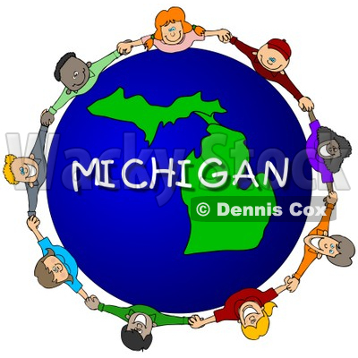 Royalty-Free (RF) Clipart Illustration of Children Holding Hands In A Circle Around A Michigan Globe © djart #62961