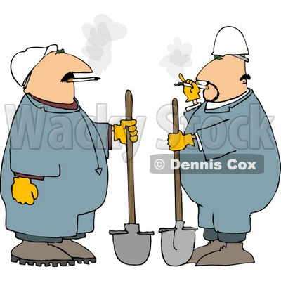 Two Workers Smoking Cigarettes While Holding Shovels Clipart Picture