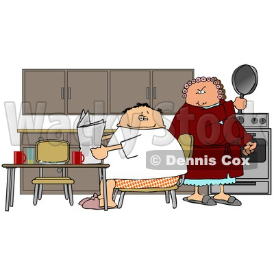 Angry Wife Preparing to Hit Her Lazy Husband with a Cooking Pan Clipart Picture © djart #6302