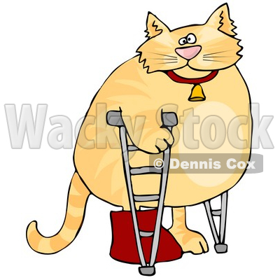 Chubby Orange Cat Walking on Crutches in a Hospital, One Leg in a Cast Clipart Picture © djart #6325