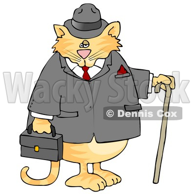 Gentlemanly Cat in a Jacket and Hat, Holding a Cane and Briefcase Clipart