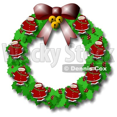 Christmas Wreath With Holly, Bells, a Bow and Santas Clipart © djart #6501