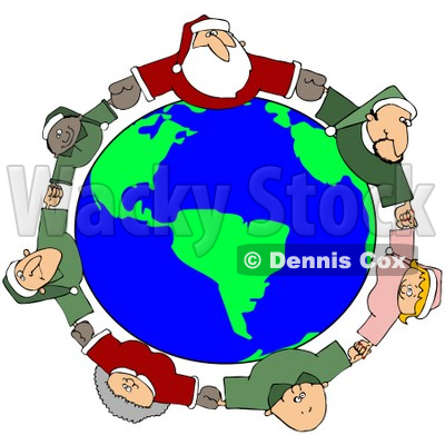 Royalty-Free (RF) Clipart Illustration of a Circle Of Diverse Elves With Santa And Mrs Claus, Holding Hands And Looking Up © djart #78314
