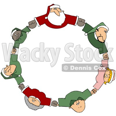 Royalty-Free (RF) Clipart Illustration of a Circle Of Diverse Elves With Santa And Mrs Claus, Holding Hands And Looking Up © djart #78315