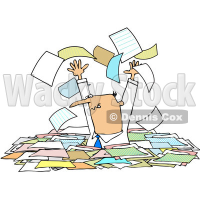 Royalty-Free (RF) Clipart Illustration of a Stressed Manager Standing Chest High In Paperwork, Tossing Pages Into The Air © djart #81529