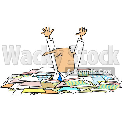 Royalty-Free (RF) Clipart Illustration of a Caucasian Businessman Holding His Arms Up And Standing In Chest High Paperwork © djart #81530