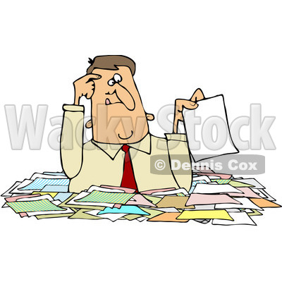 Royalty-Free (RF) Clipart Illustration of a Confused Caucasian Businessman Holding Up A Paper While Wading Chest High In Paperwork © djart #81531