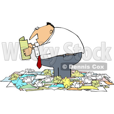 Royalty-Free (RF) Clipart Illustration of a Chubby Businessman Standing In A Pile Of Crumpled Papers And Reading © djart #81996