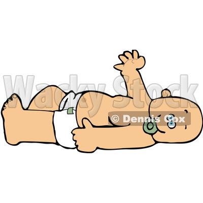 Royalty-Free (RF) Clipart Illustration of a Caucasian Baby In A Diaper, Laying On Its Back, Sucking On A Pacifier And Waving © djart #84481