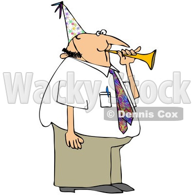 Royalty-Free (RF) Clipart Illustration of a Caucasian Businessman Blowing A Party Horn And Wearing A Hat © djart #84885