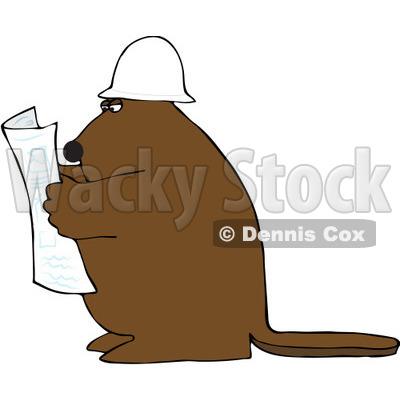 Royalty-Free (RF) Clipart Illustration of a Big Brown Beaver Reading Blueprints And Wearing A Hardhat © djart #84895