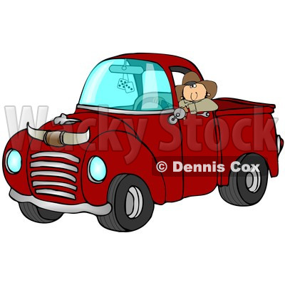Royalty-Free (RF) Clipart Illustration of a Cowboy Leaning Out The Window Of His Vintage Red Pickup Truck With Horns On The Hood © djart #88337