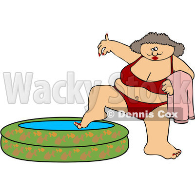 Royalty-Free (RF) Clipart Illustration of a Chubby Woman In A Red Bikini, Dipping Her Foot In A Kiddie Pool © djart #99169