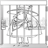 Royalty-Free Vector Clip Art Illustration of a Black And White Outline Of A Jailed Leprechaun © djart #1053633