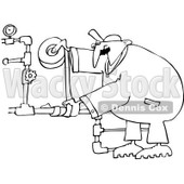 Royalty-Free Vector Clip Art Illustration of a Black And White Plumber Duct Taping Pipes Outline © djart #1054345