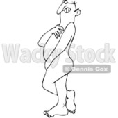 Royalty-Free Vector Clip Art Illustration of a Coloring Page Outline Of A Nude Shy Man Covering His Chest And Privates © djart #1057877