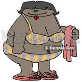 Overweight Woman in a Bikini and Sandals, Holding a Towel on a Beach Clipart Illustration © djart #10795