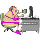 White Woman in Her Bra and Underwear, Hair in Curlers, Smoking a Cigarette, Holding a Coffee Mug and Typing on a Computer at a Desk Clipart Illustration © djart #10808
